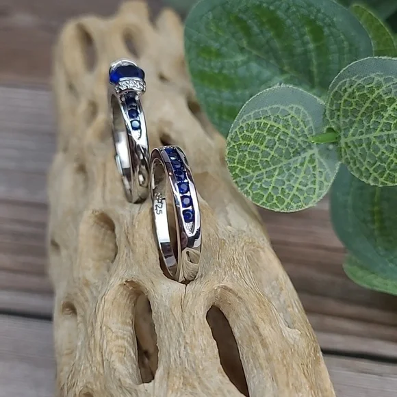 BLUE SAPPHIRE AND SILVER TWO PIECE RING SET - Picture 3 of 8